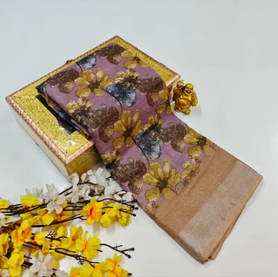 All-Over Floral Print with Leaf Motifs Soft Linen-Cotton Saree